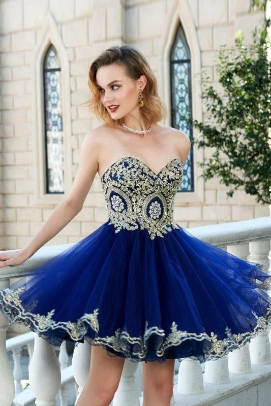 tulle evening gown-Royal Blue Princess Sweetheart Sleeveless Applique Mini Tulle Homecoming Dresses