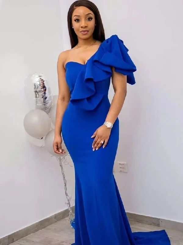 high-low evening gown-Royal Blue Prom Dresses One Shoulder