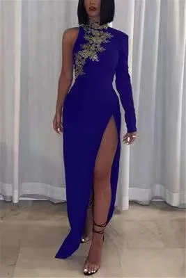 jewel neckline evening dress-Royal Blue Prom Dresses with Slit S0098