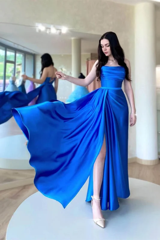 deep V-neck evening gown-Royal Blue Strapless Sleeveless Prom Dress with Split