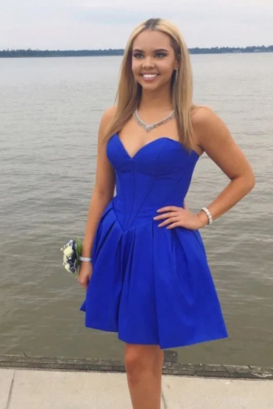 evening dress with side slit-Royal Blue Strapless Sweetheart Homecoming Simple A Line Short Graduation Dress