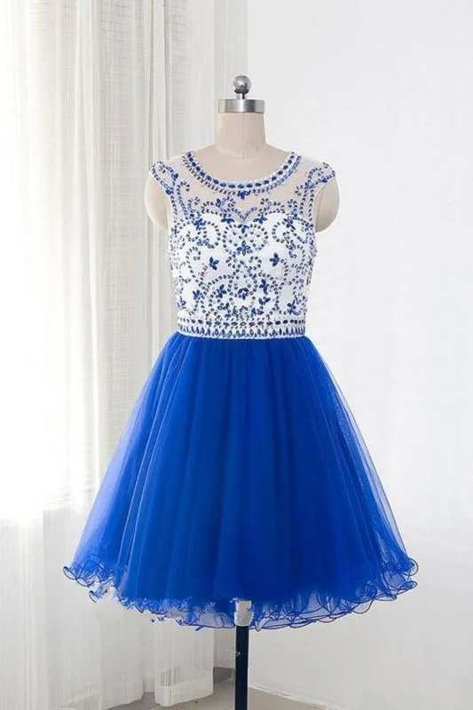 fishtail evening dress-Royal Blue Tulle Sleeveless Homecoming/Prom Dresses With Beading