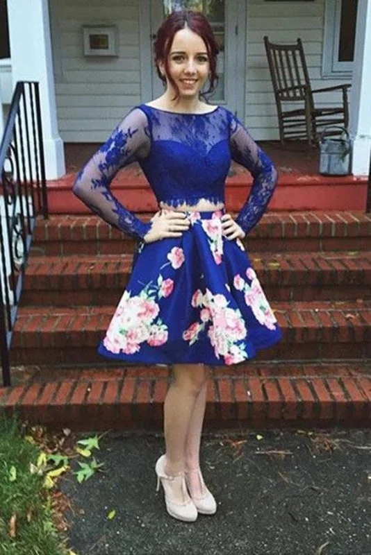 evening dress for prom-Royal Blue Two Piece Bateau Long Sleeves Floral Short Homecoming Dress with Lace