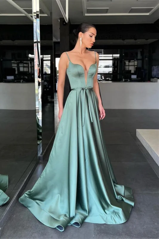 beaded evening dress-Sage Spaghetti-Strap A-Line Long Prom Dress with Belt