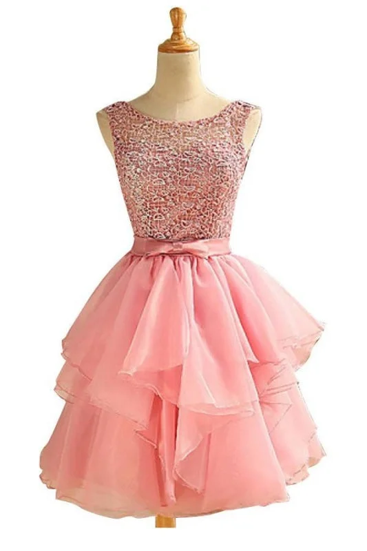 evening gown with sheer overlay-Scoop Above-knee Pink Chiffon Homecoming Dresses With Lace Ruched