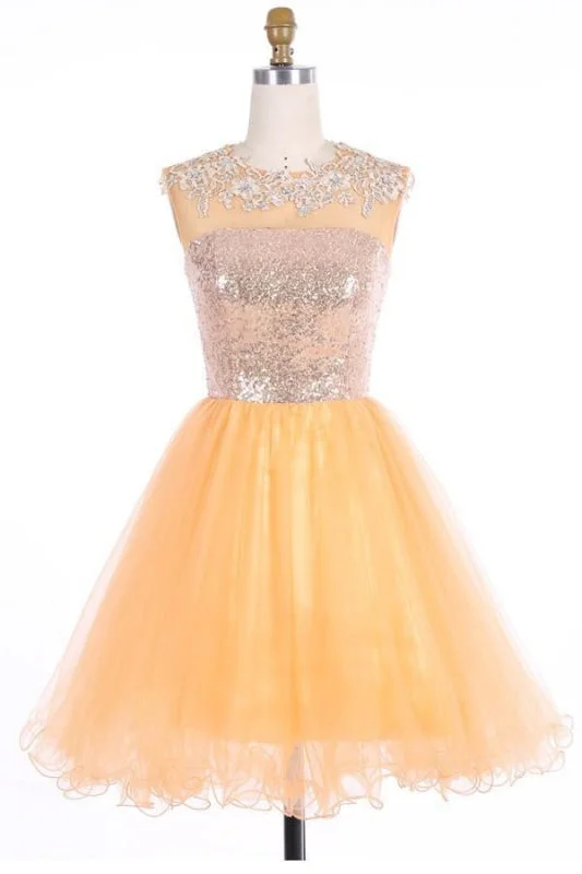 evening gown with floral lace-Scoop Gold Organza Open Back Prom Homecoming Dresses