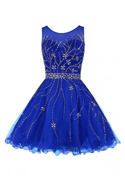 evening dress with embroidery-Scoop Royal Blue Tulle Beading Prom Homecoming Dress