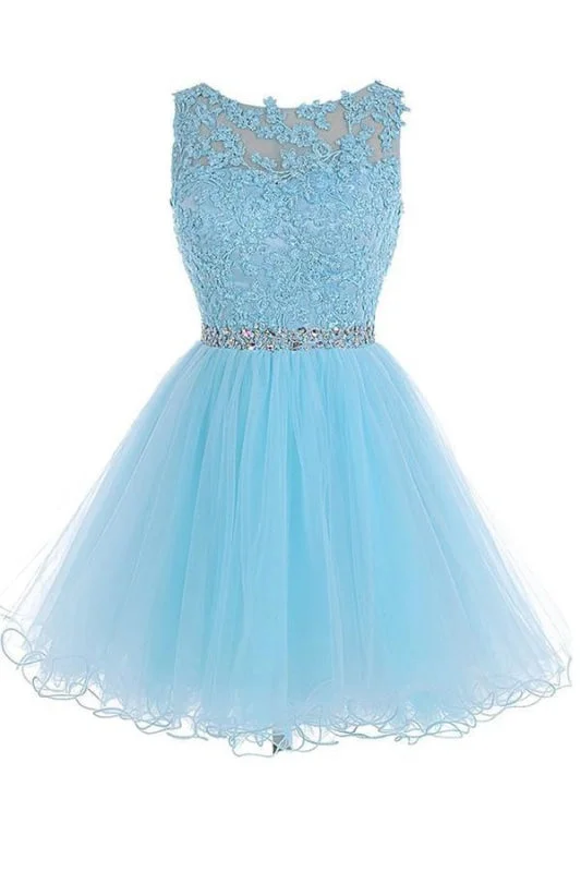 evening gown with pleated skirt-Scoop Short Blue Zipper-up Tulle Prom Homecoming Dresses