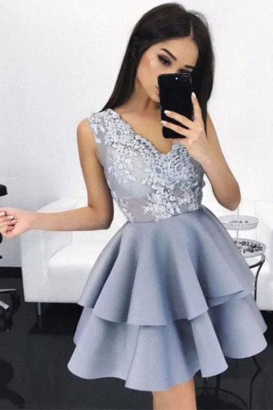 empire waist evening gown-Pretty Two Layers Sleeveless V Neck Homecoming Short Lace Appliqued Prom Dress