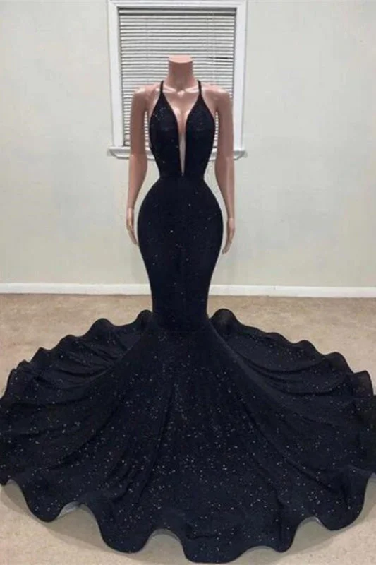 elegant satin evening dress-Sequined Black Halter Mermaid Prom Dress