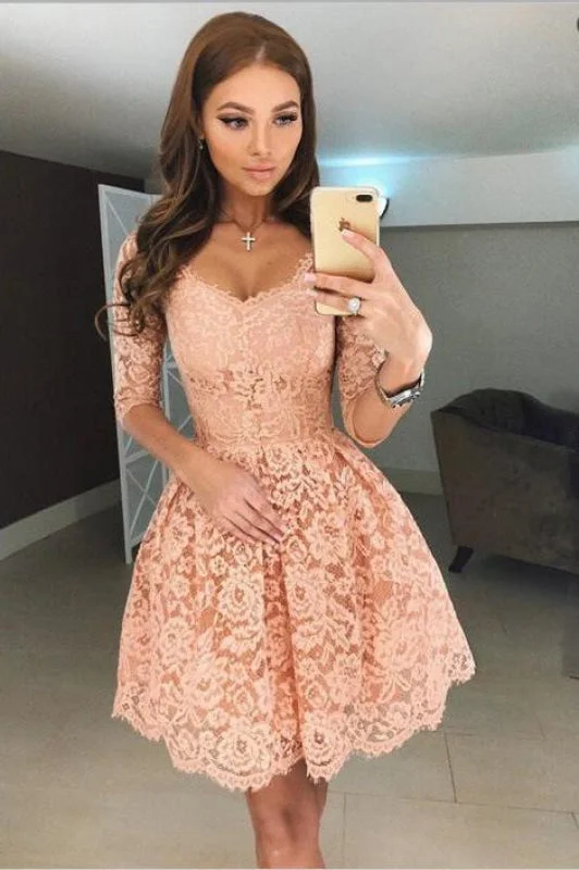 evening dress with lace appliqu茅-Sexy A-Line Half Sleeves Short Apricot Homecoming Lace Graduation Dress