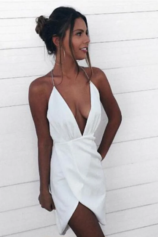 navy blue evening gown-Sexy Asymmetrical Deep V-Neck Halter Short Homecoming Mini White Dress