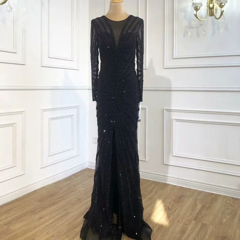 beaded evening dress-Sexy Black Sequin Prom Dress, Long Sleeve V-Neck High Slit Mermaid