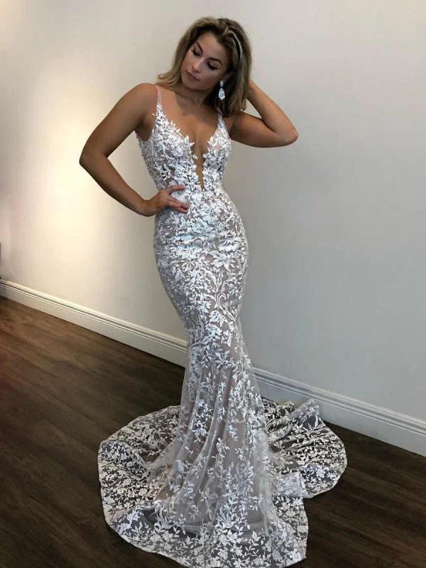 fishtail evening dress-Sexy Mermaid V Neck White Lace Champagne Prom, Lace Champagne Formal, Champagne Evening