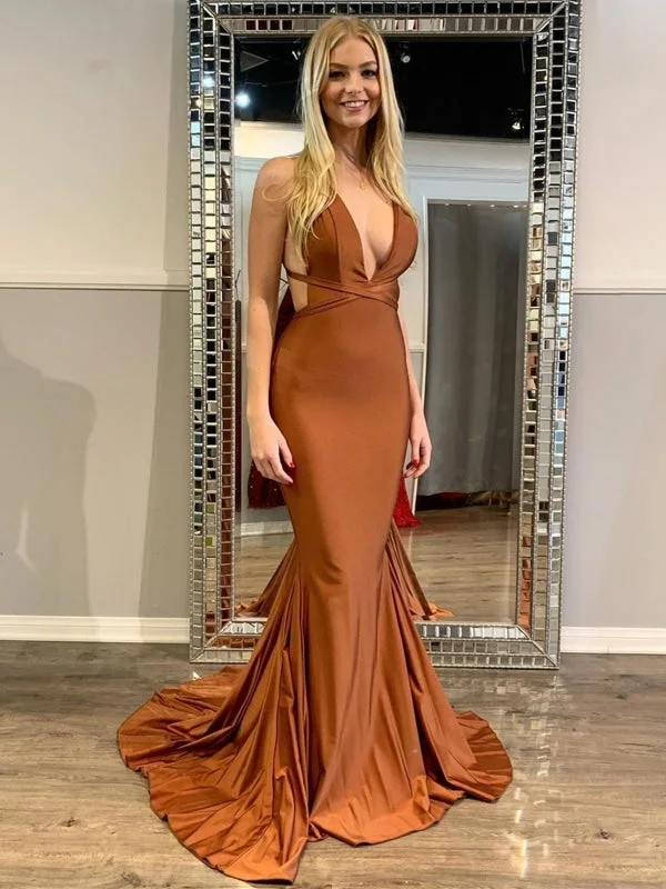 sheer sleeve evening gown-Sexy V Neck Backless Mermaid Clay Satin Long Prom, Mermaid Clay Formal, Clay Evening