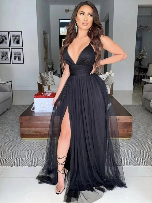 elegant evening wear-Sexy V Neck Black Long Prom with High Slit, V Neck Black Formal Graduation Evening