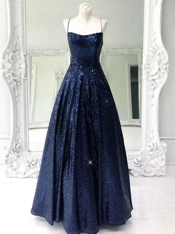 evening gown with sheer overlay-Shiny A Line Open Back Navy Blue Long Prom, Sparkly Backless Navy Blue Formal Evening