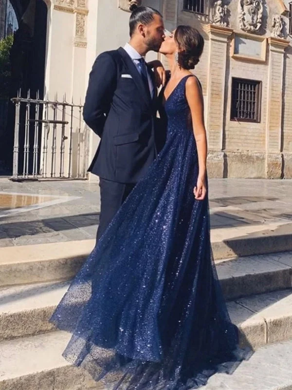 evening gown with high-low hem-Shiny A Line V Neck and V Back Navy Blue Long Prom, Sparkly V Neck Backless Navy Blue Formal Graduation Evening