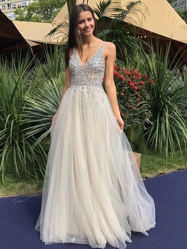 evening gown with floral lace-Shiny A Line V Neck Backless Sequins Gray Long Prom 2020, Sparkly Open Back Sequins Grey Formal Graduation Evening