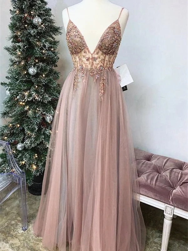 off-the-shoulder evening gown-Shiny A Line V Neck Champagne Beaded Long Prom Dresses, Champagne Long Formal Evening Dresses with