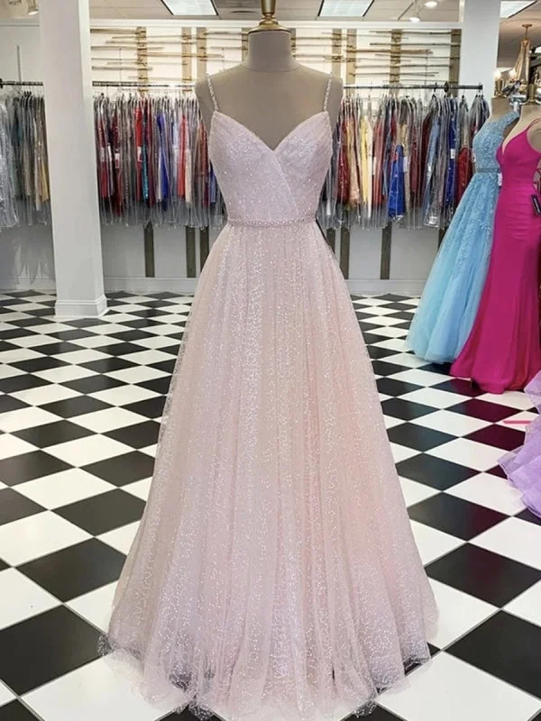 elegant satin evening dress-Shiny A Line V Neck Sequins Pink Long Prom, V Neck Pink Formal Graduation Evening