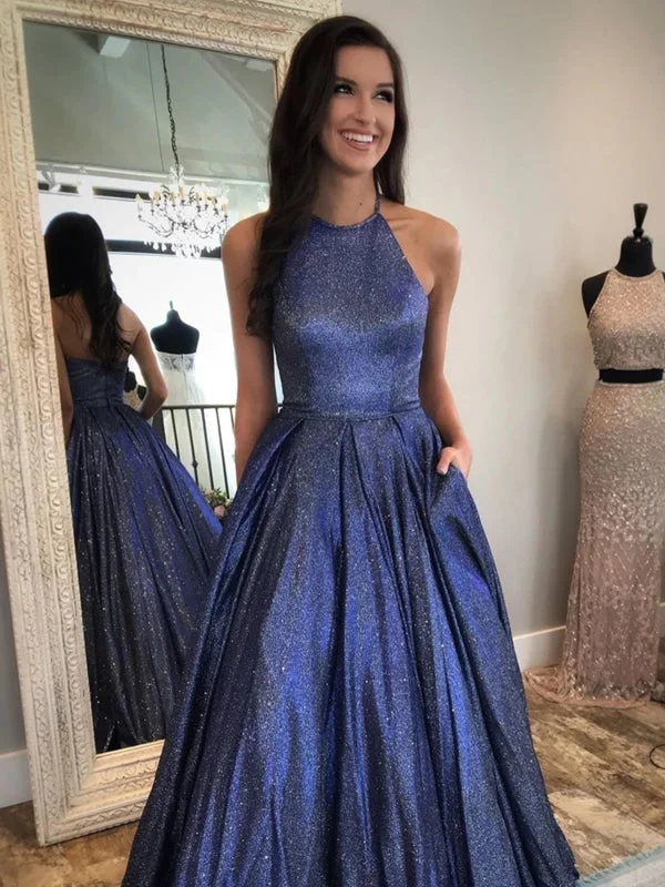 off-the-shoulder evening gown-Shiny Halter Neck Backless Dark Blue Long Prom Dresses with Pocket, Backless Blue Formal Graduation Evening Dresses