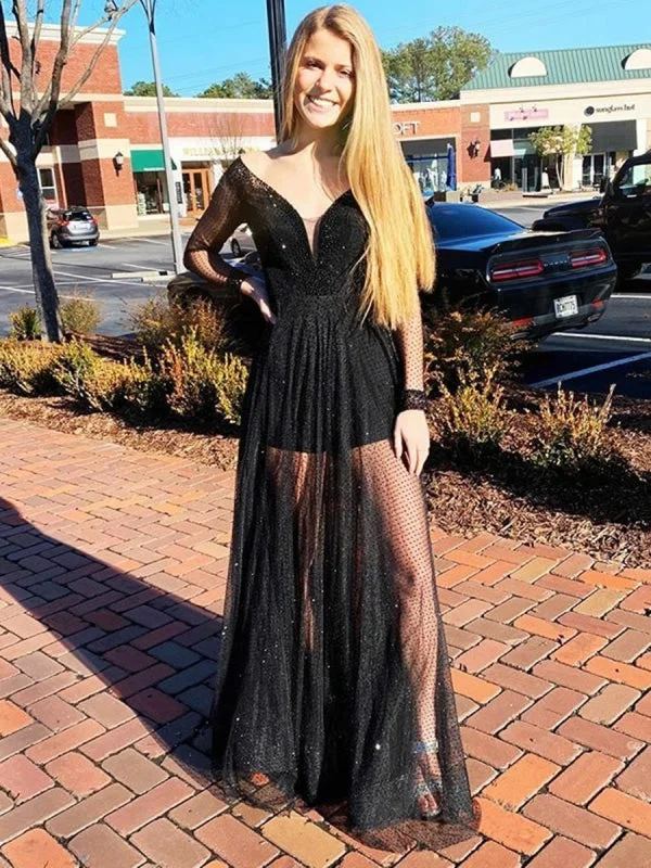 evening dress with embroidery-Shiny Long Sleeves V Neck Lace Sequins Black Long Prom, Long Sleeves Black Formal, Black Evening