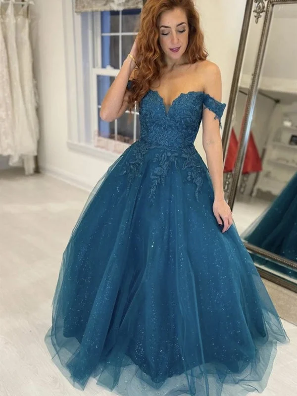 high slit evening dress-Shiny Off Shoulder Blue Lace Long Prom, Sparkly Blue Lace Formal Evening