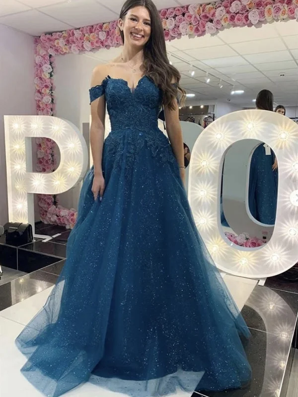 beaded bodice evening gown-Shiny Off Shoulder Long Blue Lace Prom, Blue Lace Formal, Sparkly Blue Evening