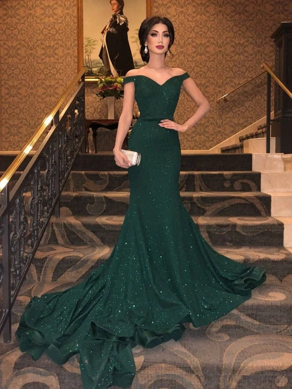 scalloped hem evening gown-Shiny Off Shoulder Mermaid Dark Green Long Prom, Sparkly Mermaid Green Formal Evening