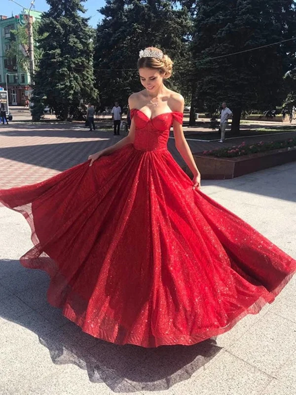 evening dress with train-Shiny Off Shoulder Red Long Prom, Off the Shoulder Red Formal, Sparkly Red Evening