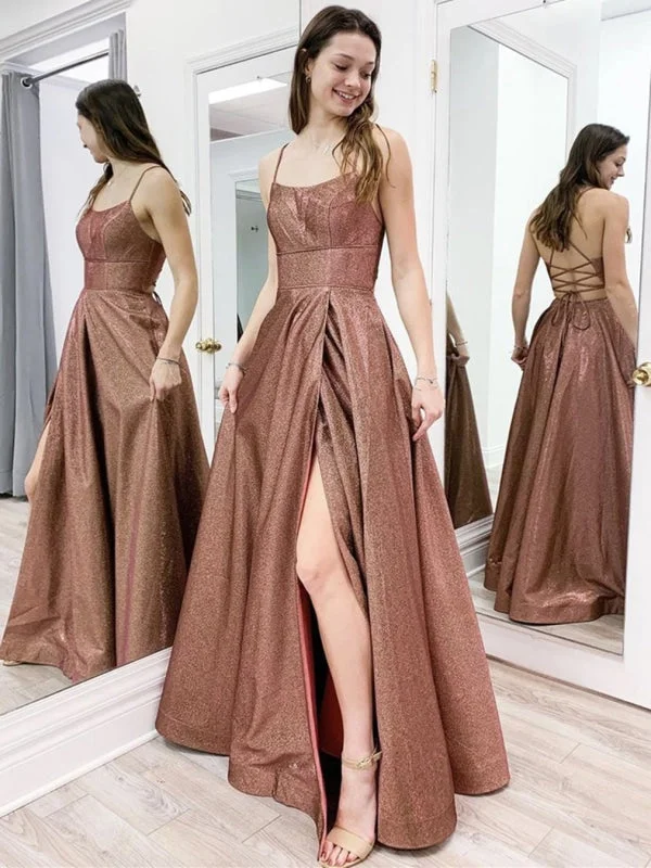 elegant evening wear-Shiny Open Back Brown Long Prom with Slit, Sparkly Brown Formal Evening