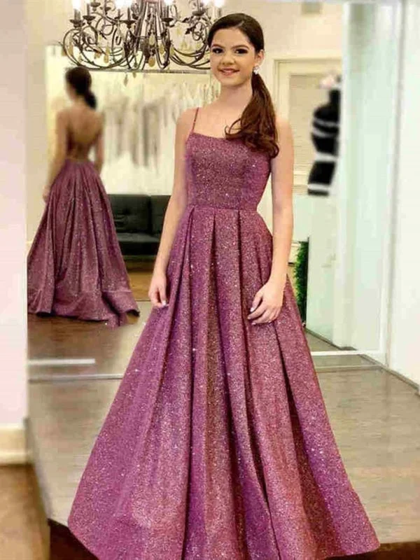 elegant white evening dress-Shiny Open Back Purple Long Prom with Slit, Thin Strap Purple Long Formal Evening