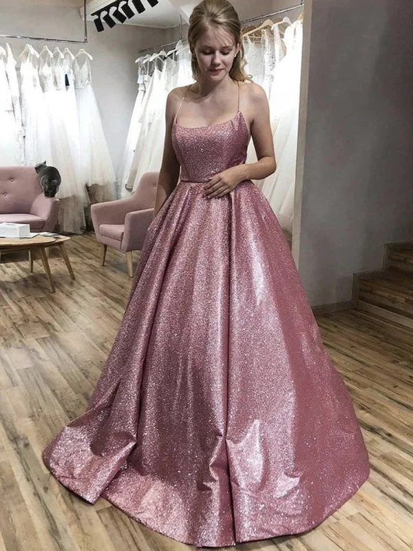 elegant ball gown evening dress-Shiny Open Back Thin Strap Pink Long Prom, Backless Pink Formal Evening