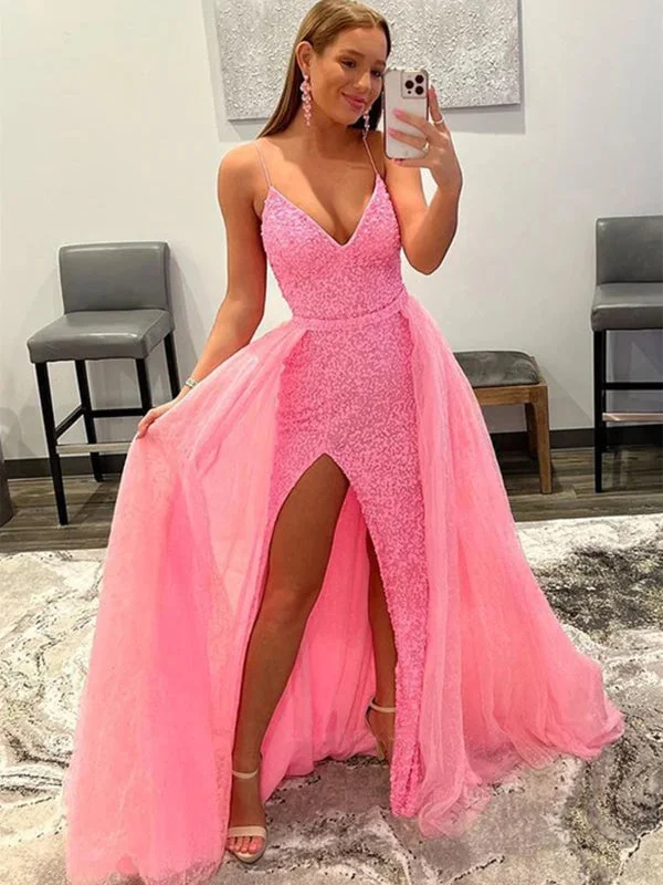 strapless evening dress-Shiny Pink Sequins V Neck Mermaid Long Prom Dresses with High Slit, Mermaid Pink Formal Graduation Evening Dresses