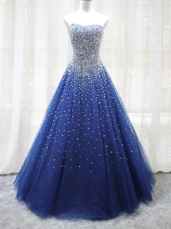 evening dress with embroidery-Shiny Sequins Strapless Blue Long Prom Dresses, Sparkly Blue Formal Evening Dresses, Blue Ball Gown