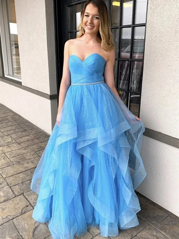 elegant lace overlay evening gown-Shiny Sequins Strapless Sweetheart Neck Light Blue Long Prom, Light Blue Formal, Sparkly Evening