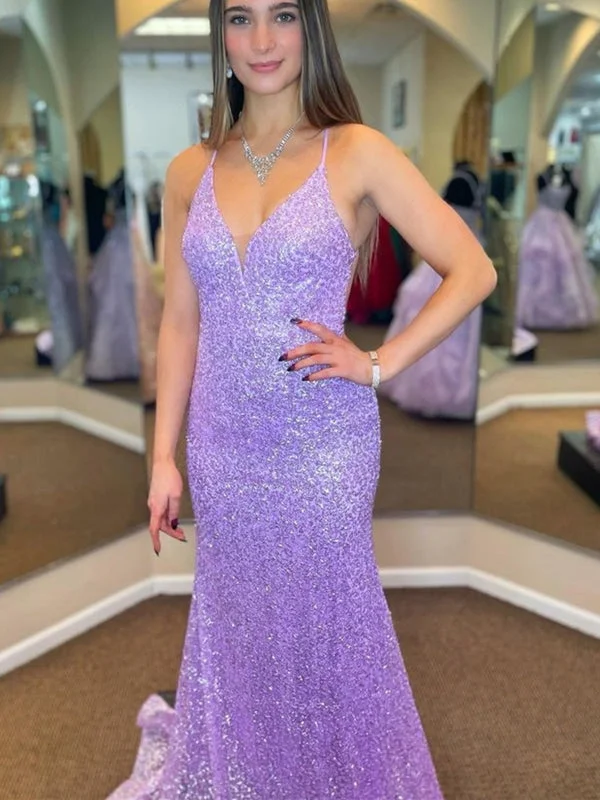 modest evening dress-Shiny Sequins V Neck Backless Mermaid Lilac Long Prom Dresses, Backless Purple Formal Dresses, Mermaid Evening Dresses