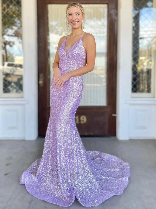 flared evening dress-Shiny Sequins V Neck Backless Mermaid Lilac Long Prom Dresses, Mermaid Purple Formal Dresses, Lavender Evening Dresses