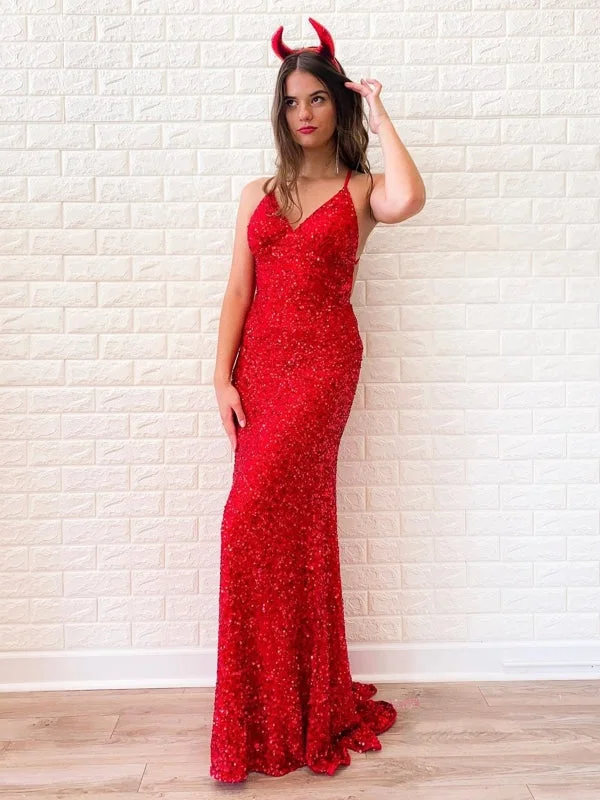 elegant white evening dress-Shiny Sequins V Neck Backless Red Long Prom Dresses, V Neck Red Formal Dresses, Sparkly Red Sequins Evening Dresses