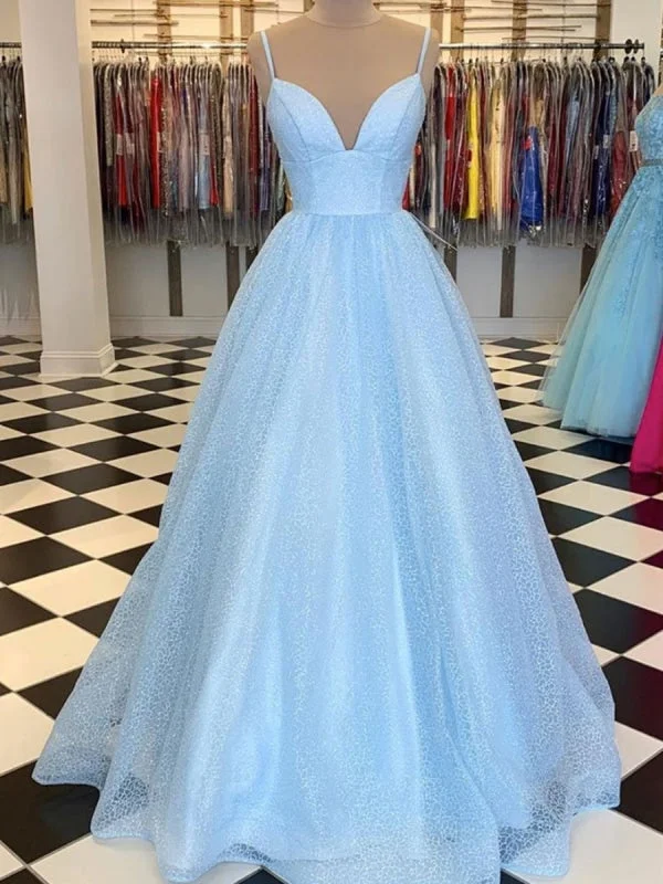 evening dress with train-Shiny Sequins V Neck Long Blue Prom with Straps, V Neck Blue Formal Graduation Evening