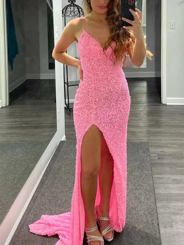 floor-length evening gown-Shiny Sequins V Neck Mermaid Pink Long Prom Dresses with High Slit, Mermaid Pink Formal Graduation Evening Dresses