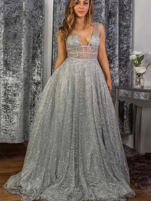 sparkly evening gown-Shiny Sequins V Neck Silver Gray Long Prom Dresses, Silver Grey Formal Graduation Evening Dresses