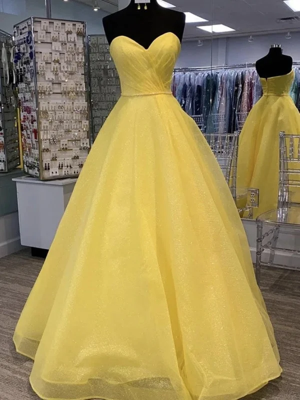 elegant evening wear-Shiny Strapless Open Back Sequins Yellow Prom Dresses, Sparkly Yellow Formal Evening Dresses, Yellow Ball