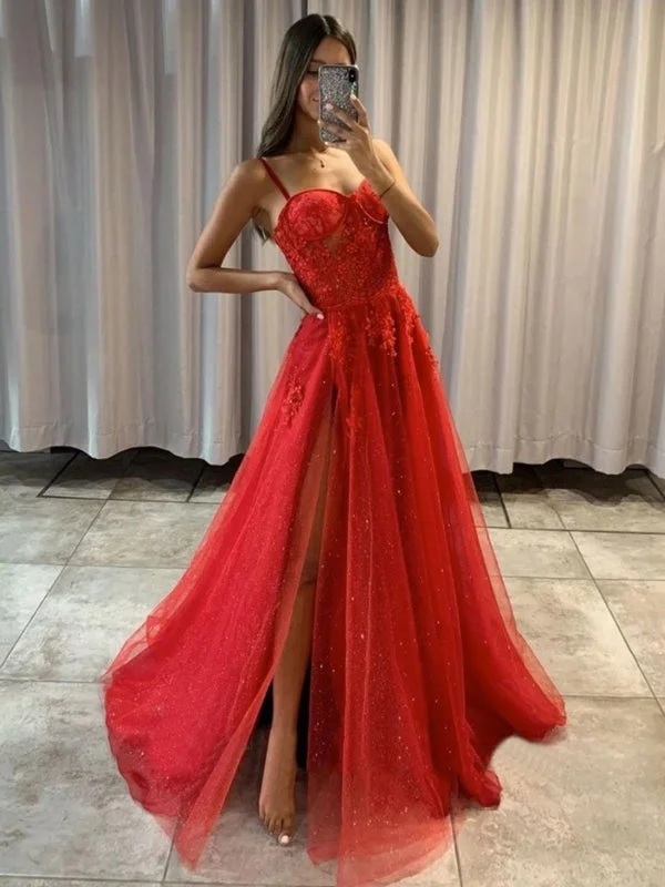 ball gown evening dress-Shiny Sweetheart Neck Red Lace Long Prom Dresses, High Slit Red Lace Formal Dresses, Red Lace Evening Dresses