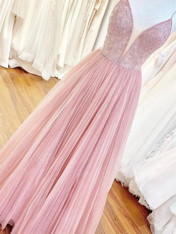 high slit evening dress-Shiny V Neck Backless Beaded Pink Long Prom, Backless Pink Formal Graduation Evening