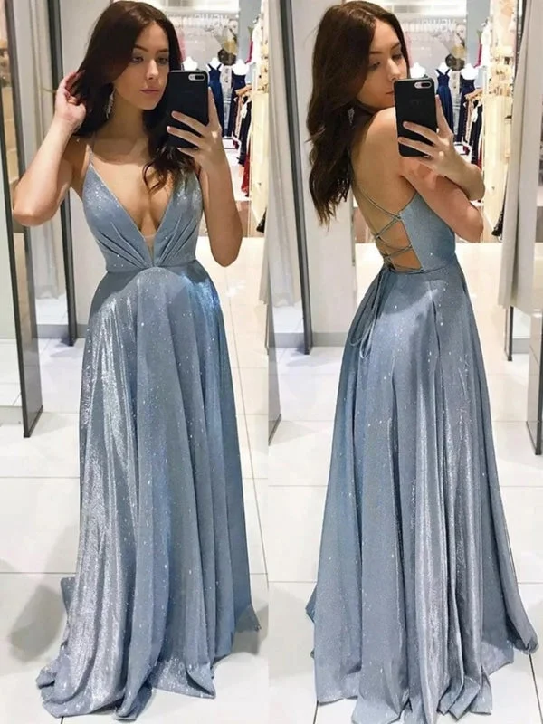 illusion back evening gown-Shiny V Neck Backless Blue Long Prom, Open Back Blue Formal Graduation Evening