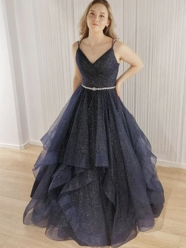 evening dress for black-tie events-Shiny V Neck Backless Dark Blue Long Prom Dresses, V Neck Dark Blue Formal Evening Dresses, Dark Blue Ball Gown