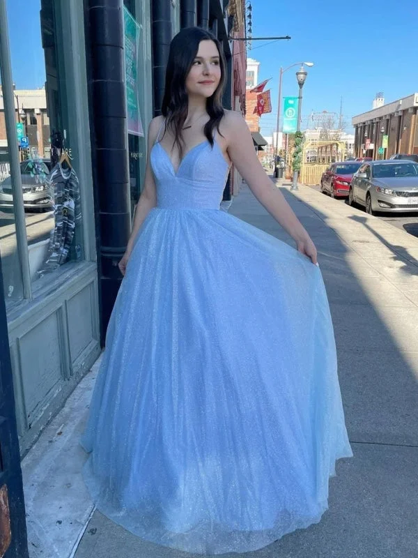 beaded evening dress-Shiny V Neck Backless Light Blue Long Prom Dresses, V Neck Light Blue Formal Dresses, Blue Evening Dresses