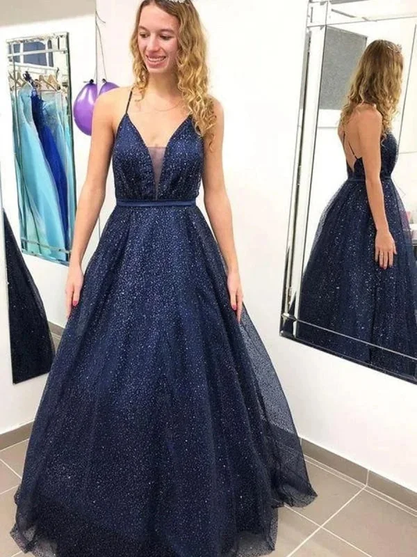 scalloped hem evening gown-Shiny V Neck Backless Navy Blue Long Prom, Backless Navy Blue Formal, Sparkly Navy Blue Evening